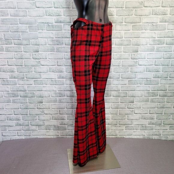 Just Polly Womens L Red Buffalo Plaid Cutout Hip Flare Leg Trendy Pants - Picture 3 of 8